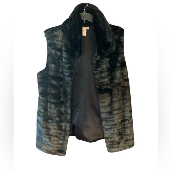 Albert Makali Sz L Elegant Black Green Tint Faux Funky Fun Fur Sleeveless Vest - Picture 1 of 11